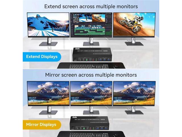 4 Port 8K Displayport USB 3.0 KVM Switch 3 Monitors 4 Computers, DP1.4 Triple Monitor KVM Switch with Audio Microphone Output and 3 USB3.0 Ports,...