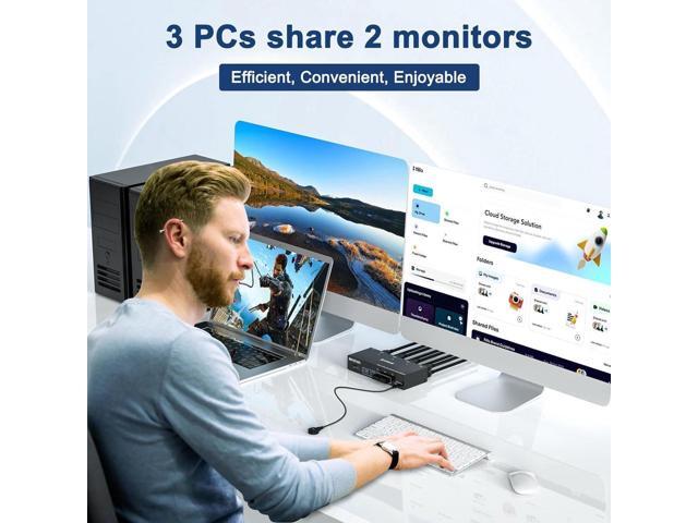 USB 3.0 HDMI KVM Switch 3 in 2 Out 4K@60Hz, EDID Emulator, Dual Monitor KVM Switch for 3 Computers Share 2 Displays Keyboard Mouse Printer, Wired...