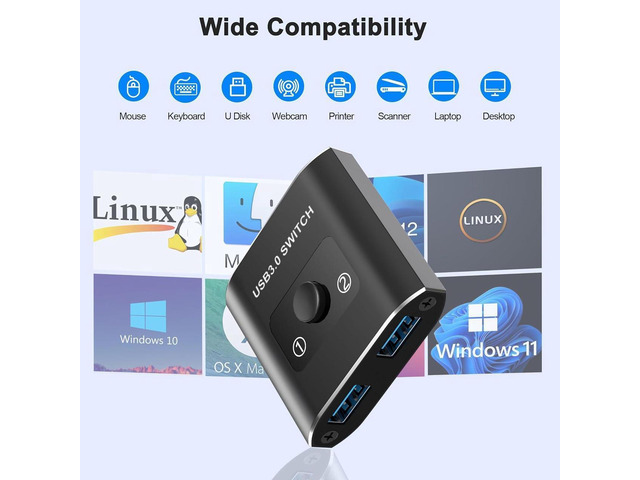 USB 3.0 Switch, Bi-Directional USB Switcher, USB Splitter 1 in 2 Out/2 in 1 Out, Aluminum USB Switch 2 Computers Share Printer, Mouse, Keyboard,...