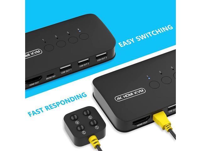 HDMI KVM Switch 4 Port, 3 x USB 2.0, 3xUSB HDMI Switcher for 4 Computers Supports 4K/2K @30Hz HDMI KVM USB Switch, with 4 HDMI KVM Cables and 1...