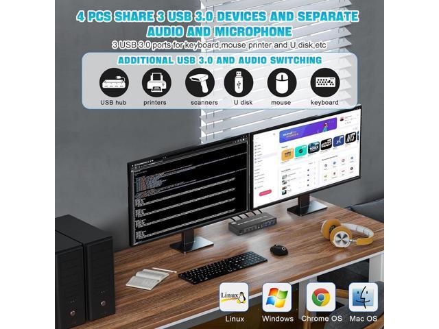 4 Port 8K Displayport USB 3.0 KVM Switch 2 Monitors for 4 Computers 2 Monitors, DP1.4 Display Port KVM Switch with Audio Microphone Output and 3...