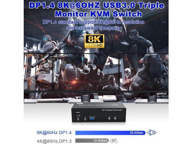 8K@60Hz Displayport KVM Switch 3 Monitors 2 Computers 4K@144Hz, DP USB 3.0 KVM Switch Triple Monitor for 2 PCs Share 3 Monitors, RJ45 Ethernet...