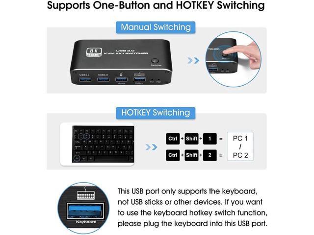 2 Port HDMI KVM Switch 2 in 1 Out, HDMI USB 3.0 KVM Switch Selector for 2 Computers 1 Monitor Share Keyboard Printer Scanner Mouse, Supports 8K...