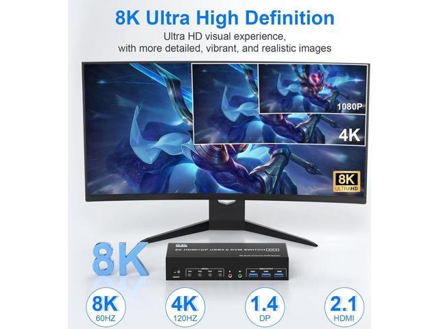 KVM Switch 3 Monitors 4 Computers 8K@60Hz, 2 HDMI +1 Displayport Triple Monitor KVM Switch for 4 PCs Share 3 Monitor and 3 USB 3.0 Ports, with...