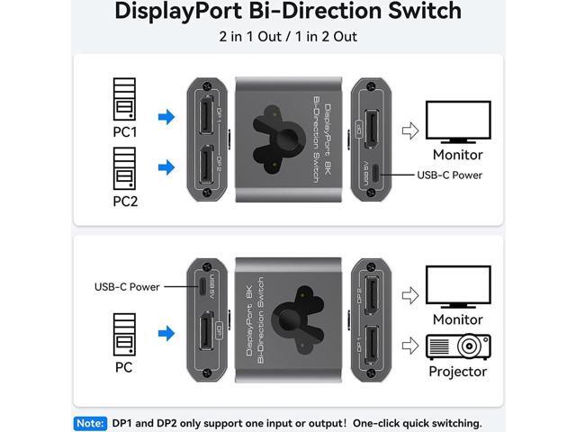 DP1.4 DisplayPort Switch, 8K Bi-Directional DisplayPort Splitter 2 in 1 Out/1 in 2 Out Display Port Switcher Supports 8K @60Hz 4K @120Hz for PC...