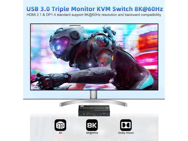 8K@60Hz KVM Switch 3 Monitors 4 Computers 4K@144Hz, 2 HDMI +1 DisplayPort Triple Monitor KVM Switch for 4 Computer with Audio and 3 USB 3.0 Ports,...
