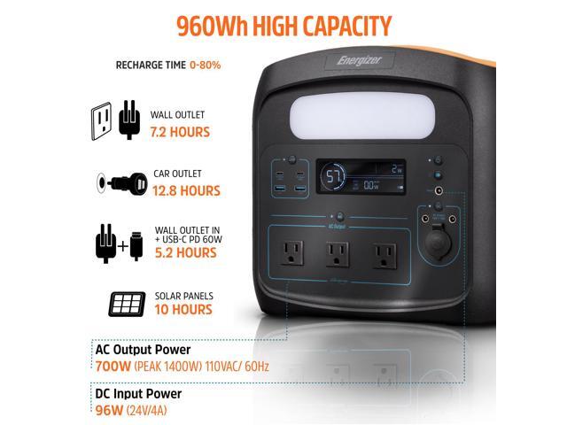 Energizer 960W Portable Power Station, LiFePO4, Solar Generator, 110V/700W Pure Sine Wave AC Outlet, USB-C PD 100W, LED, Perfect for Outdoor Use,...