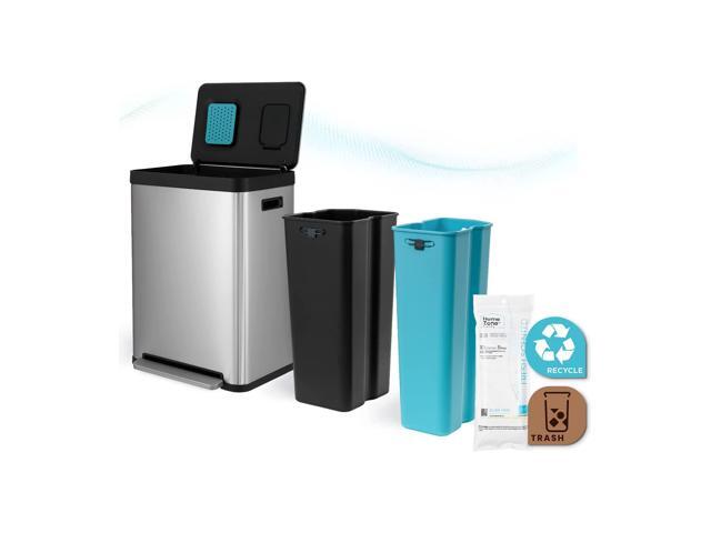Home Zone Living 18.5 Gallon Kitchen Trash Can, Dual Removable Liners for Recycling and Trash, CleanAura Odor Control, Wide Stainless Steel Shape.