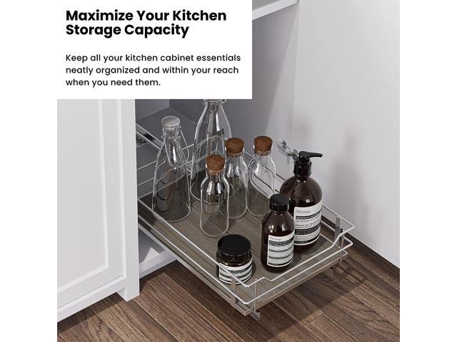 Home Zone Living 1 Tier Organizer, Kitchen Under Sink Storage, Pantry Organizers and Storage, Pull Out Cabinet Shelf Organizer, 14W x 21D, Satin...