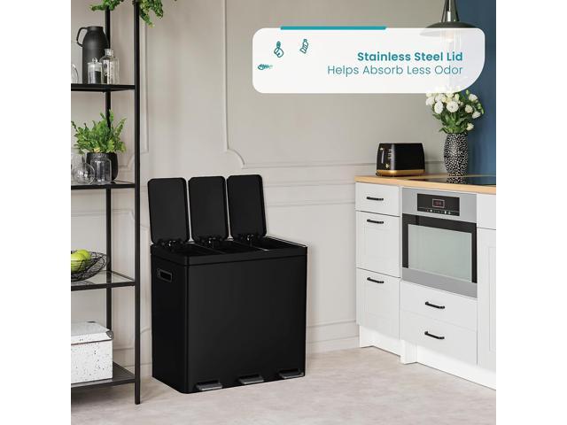 Home Zone Living 15.9 Gallon Kitchen Trash Can, Three Removable Liners for Recycling and Trash, Wide Stainless Steel Shape, Black (5.3 + 5.3 + 5.3...