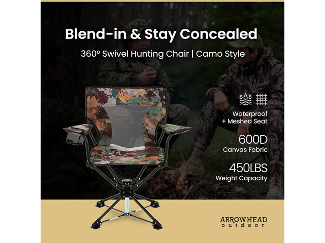 ARROWHEAD OUTDOOR 360° Degree Swivel Hunting Chair Stool Seat, Perfect for Blinds, No Sink Feet, Supports up to 450lbs, Carrying Case, Steel Frame,...