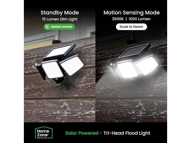 Home Zone Security Motion Sensor Light - Outdoor Solar Adjustable Triple Head LED 3500K Warm Flood Light with No Wiring Required, Black (2-Pack)