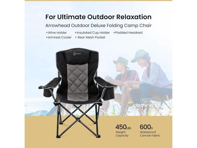 ARROWHEAD OUTDOOR Portable Folding Camping Quad Chair w/ 6-Can Cooler, Cup & Wine Glass Holders, Heavy-Duty Carrying Bag, Padded Armrests, Headrest...