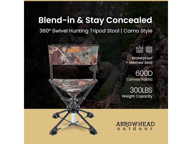 ARROWHEAD OUTDOOR 360° Swivel Hunting Blind Tripod Stool, Folding Chair, No Sink Feet, Carrying Case, Steel Frame, Camo, Fishing, High-Grade 600D...