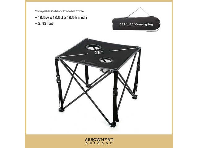 ARROWHEAD OUTDOOR 26' Heavy-Duty Portable Folding Table, 2 Cup Holders, No Sag Surface, Compact, Square, Carrying Case, Steel Frame, High-Grade...