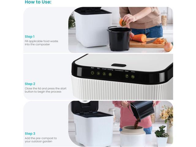 Home Zone Living Electric Kitchen Waste Composter, Pre Compost, Auto Cleaning Cycle, 3 Liter Capacity, White
