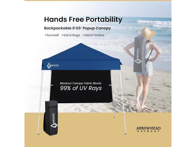 ARROWHEAD OUTDOOR 6'x6' Top / 8'x8' Base Backpack Pop-up Canopy with Sunwall, Sand Bags, Guide Ropes, Ground Stakes, UV-Resistant, Hands Free...