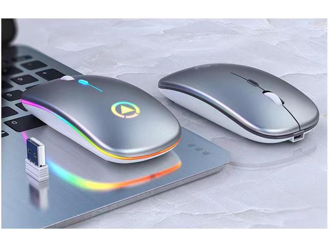 Bluetooth Wireless Charging Mouse 2.4Ghz Luminous Office Mice 7 Color Light 4 Button Metal Scroll Wheel, Adjustable DPI, Gray