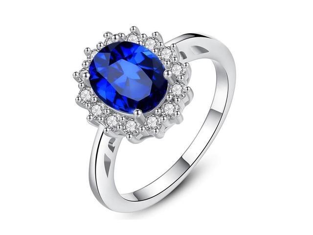 14K White Gold-Plated 1.80 CTW Oval Sparkling Blue Halo CZ Cubic Zirconia Anniversary Statement Cocktail Party Ring Gift