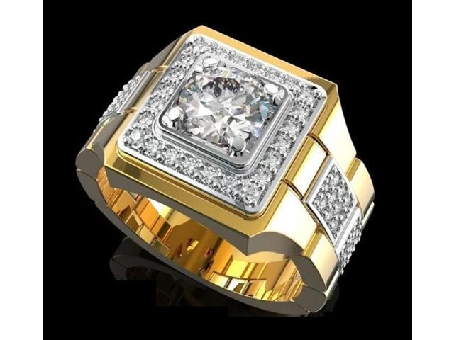 18K Yellow Gold-Plated 1.50 CTW Cluster Accent Halo Men Solid Engagement Wedding Anniversary Statement Party Ring Gift 7.5