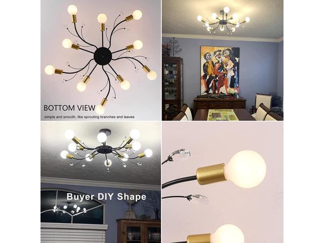Garwarm Sputnik Chandelier Modern Ceiling Light Fixture, 10-Light Mid Century Industrial Metal Sputnik Semi Flush Mount Light, Gold & Black Ceiling...