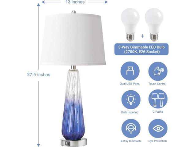 Wenger Modern Glass Table Lamp Set, Navy Blue Ombre, 27.5 Inch, 3-Way Touch Dimmable with USB Ports, White Shade, 2 Pack
