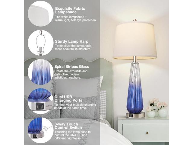 Wenger Modern Glass Table Lamp Set, Navy Blue Ombre, 27.5 Inch, 3-Way Touch Dimmable with USB Ports, White Shade, 2 Pack