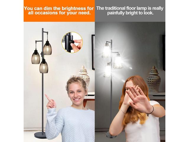 Dimmable Floor Lamp, 3 x 800LM LED Edison Bulbs Included, Farmhouse Industrial Floor Lamp Standing Tree Lamp with Elegant Teardrop Cage Heads Tall...