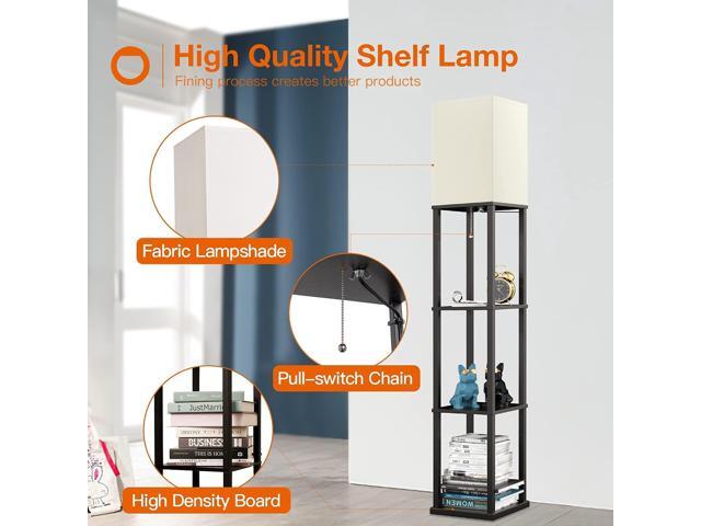 LED Modern Shelf Floor Lamp with White Lamp Shade and LED Bulb - Display Floor Lamps with Shelves for Living Room, Bedroom and Office - Black