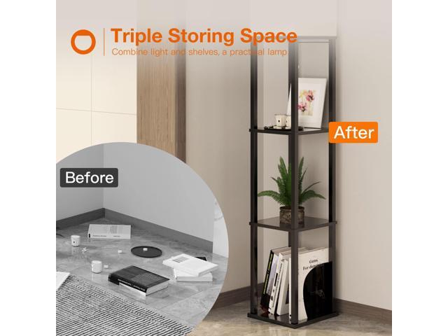 LED Modern Shelf Floor Lamp with White Lamp Shade and LED Bulb - Display Floor Lamps with Shelves for Living Room, Bedroom and Office - Black