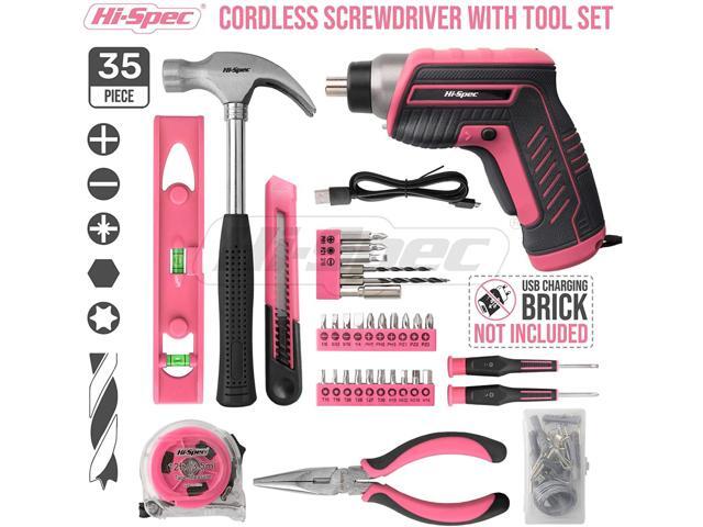 35 Piece Red Home DIY Tool Kit with USB Rechargeable 3.6V Electric Power Screwdriver. Easy Repair with Household Hand Tools & Picture Hanging Kit....