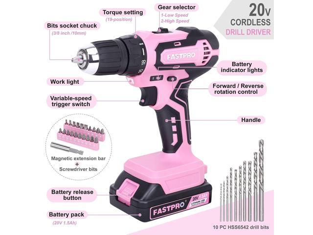 232-Piece 20V Pink Cordless Lithium-ion Drill Driver and Home Tool Set, Lady's Home Repairing Tool Kit with 12-Inch Wide Mouth Open Storage Tool Bag