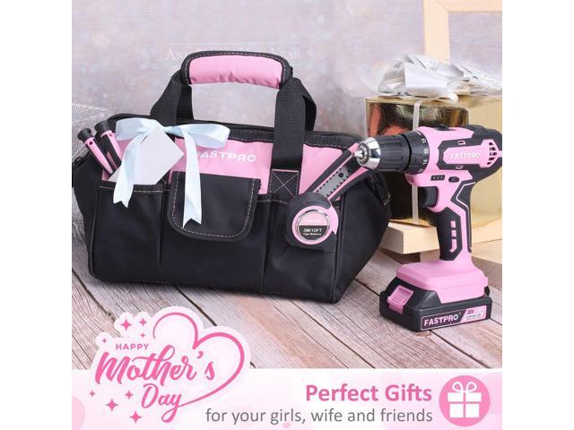232-Piece 20V Pink Cordless Lithium-ion Drill Driver and Home Tool Set, Lady's Home Repairing Tool Kit with 12-Inch Wide Mouth Open Storage Tool Bag