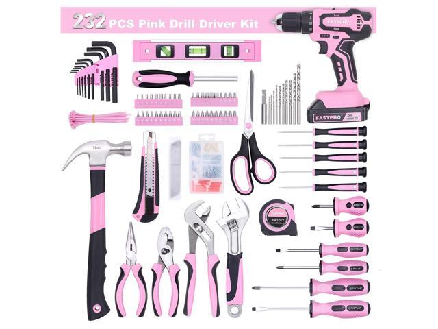 232-Piece 20V Pink Cordless Lithium-ion Drill Driver and Home Tool Set, Lady's Home Repairing Tool Kit with 12-Inch Wide Mouth Open Storage Tool Bag