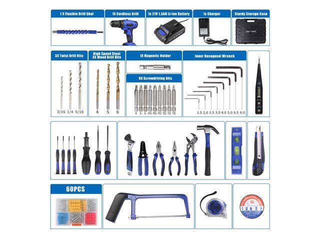 21V Tool Set with Drill, 350 in-lb Torque, 0-1350RMP Variable Speed, 10MM 3/8'' Keyless Chuck, 18+1 Clutch, 1.3Ah Li-Ion Battery & Charger for Home...