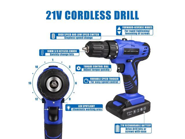21V Tool Set with Drill, 350 in-lb Torque, 0-1350RMP Variable Speed, 10MM 3/8'' Keyless Chuck, 18+1 Clutch, 1.3Ah Li-Ion Battery & Charger for Home...