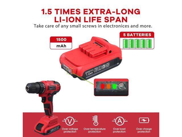 21V Drill with Tool Set, 319 in-lb Torque, 0-1450RMP Variable Speed, 10MM 3/8'' Keyless Chuck, 18+1 Clutch, 1.5Ah Li-Ion Battery & Charger for Home...