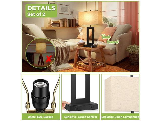 Set of 2 Touch Control Table Lamp with 2 USB Ports, 3-Way Dimmable Modern Nightstand Lamp Sets Bedside Touch Desk Lamp With Fabric Cream Shade For...