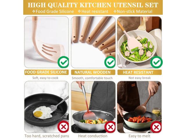 Wenger 43Pcs non-stick heat-resistant wooden handle silicone kitchenware set, the best kitchen gadget (khaki)