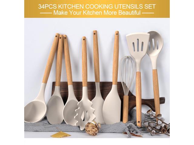 Wenger 43Pcs non-stick heat-resistant wooden handle silicone kitchenware set, the best kitchen gadget (khaki)