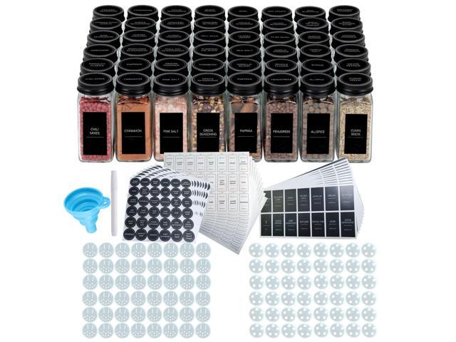 Wenger 48 Spice Jars with 562 Labels- Glass Spice Jars with Black Metal Caps, 4oz Empty Spice Containers with Shaker Lids, Funnel, Chalk Pen,...