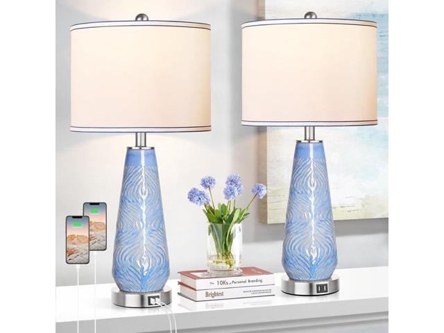 Wenger Modern Table Lamp Set of 2 Blue Beige Ceramic Brushed Nickel Finish