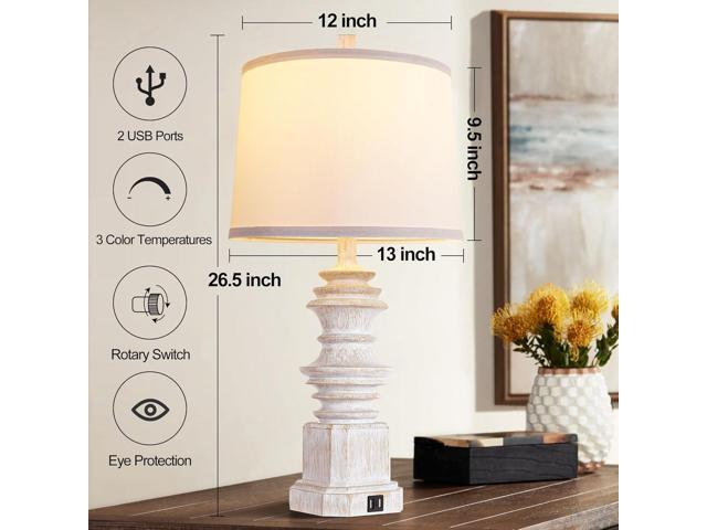 Farmhouse Table Lamps Set of 2 with Dual USB Charging Ports, White Fabric Shade, 3-Color LED Bulbs, Retro Resin Base, Eye Protection, Ideal for...