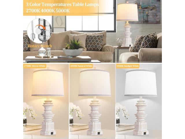 Farmhouse Table Lamps Set of 2 with Dual USB Charging Ports, White Fabric Shade, 3-Color LED Bulbs, Retro Resin Base, Eye Protection, Ideal for...