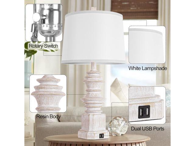 Farmhouse Table Lamps Set of 2 with Dual USB Charging Ports, White Fabric Shade, 3-Color LED Bulbs, Retro Resin Base, Eye Protection, Ideal for...