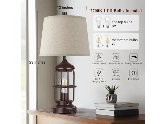 Wenger Table Lamp Set of 2 with USB A & C Ports, Touch Control 3-Way Dimmable Bedside Lamps, Rustic Farmhouse Nightstand Lighting, LED Bulbs...
