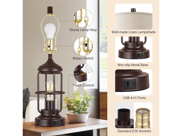 Wenger Table Lamp Set of 2 with USB A & C Ports, Touch Control 3-Way Dimmable Bedside Lamps, Rustic Farmhouse Nightstand Lighting, LED Bulbs...