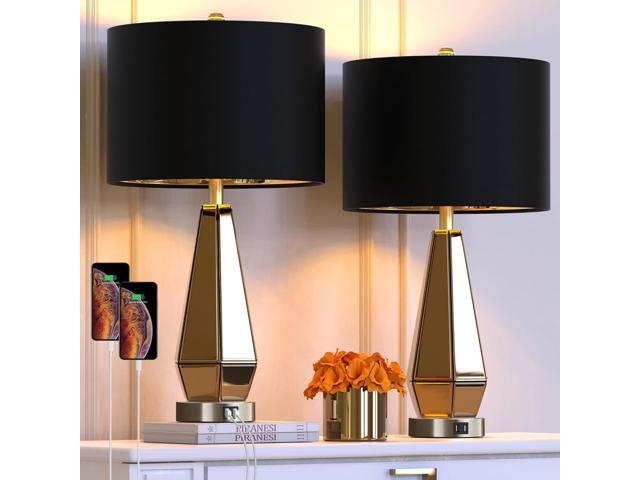 Wenger Set of 2 Mirrored Glass Bedside Table Lamps with USB Ports Modern Amber Geometric Black Gold Shade