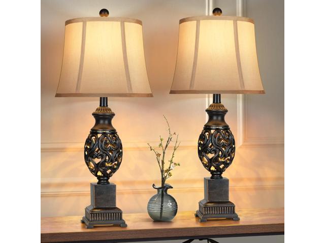 Wenger two-piece desk lamp, 28-inch high country-style bedside lamp with night light, linen lampshade and retro white paint, suitable for living...