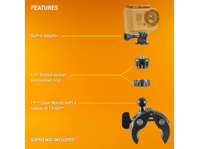 iBOLT 17mm Clamp Mount for Handlebars, Poles, Posts- Compatible with GoPro Hero Action Cameras, ¼ 20' Camera Screw adapters and Accessories, Garmin...